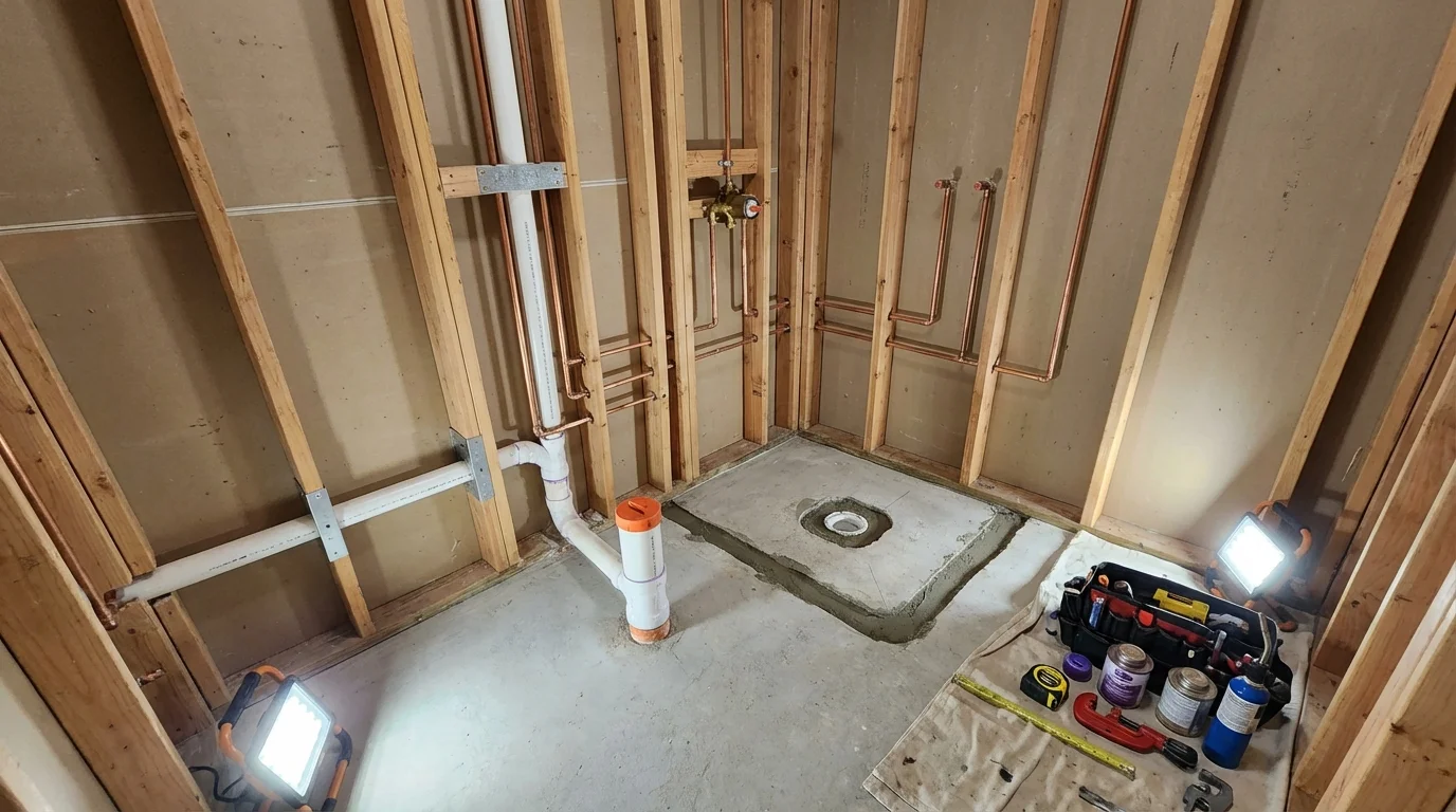 Bathroom rough-in plumbing during remodel by Johns Plumbing LLC in Sullivan
