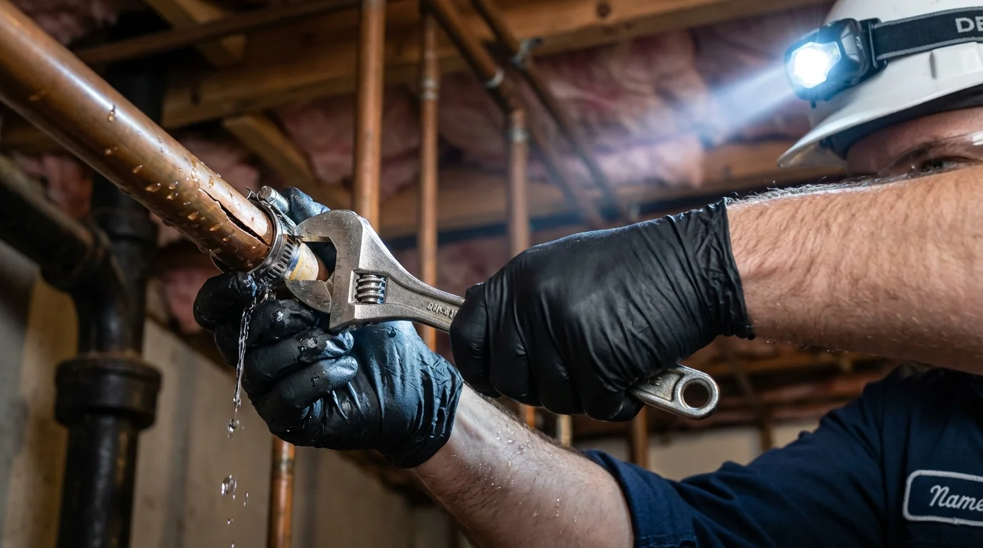 Emergency pipe clamp repair being performed by a Johns Plumbing LLC plumber in Sullivan