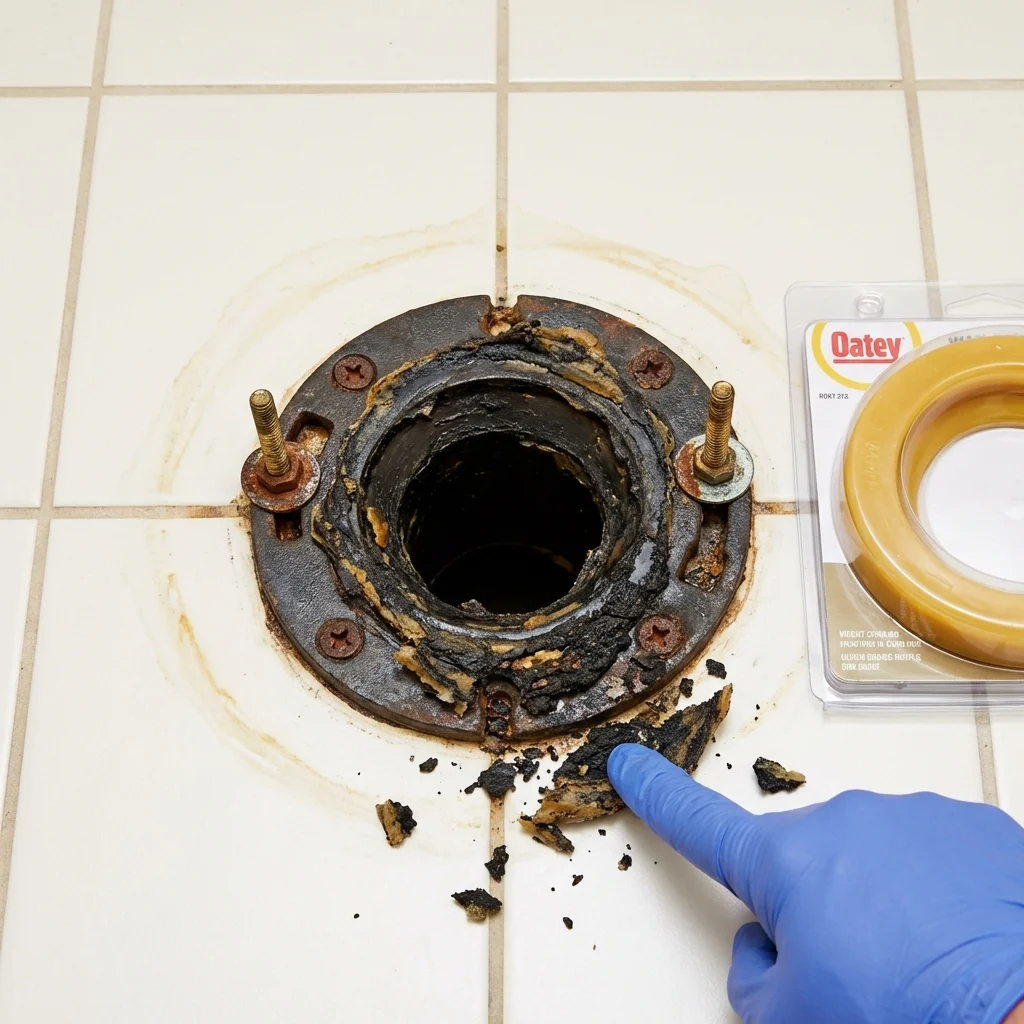 Failed wax ring showing water seepage at the base of a toilet in a Sullivan, IL home