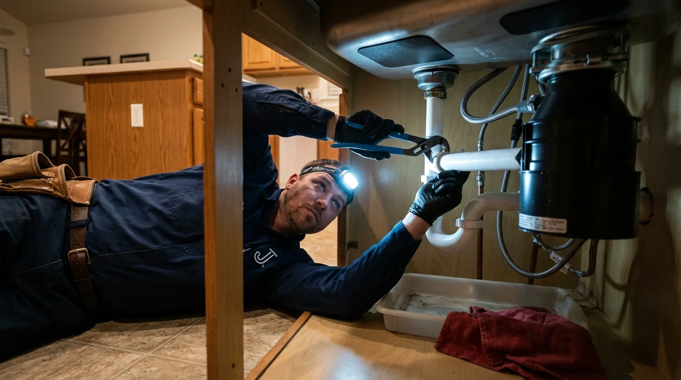 P-trap and supply line connections under a kitchen sink showing a common leak point in Sullivan, IL
